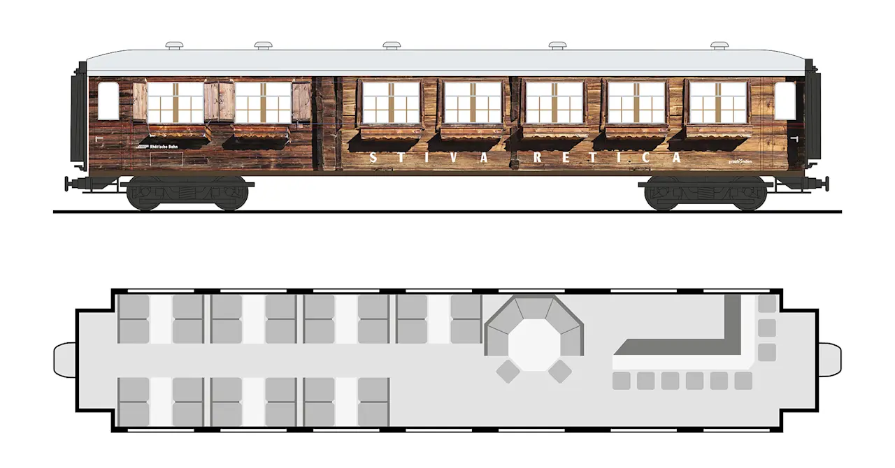 Side elevation and floor plan of the timber-clad Stiva Retica carriage