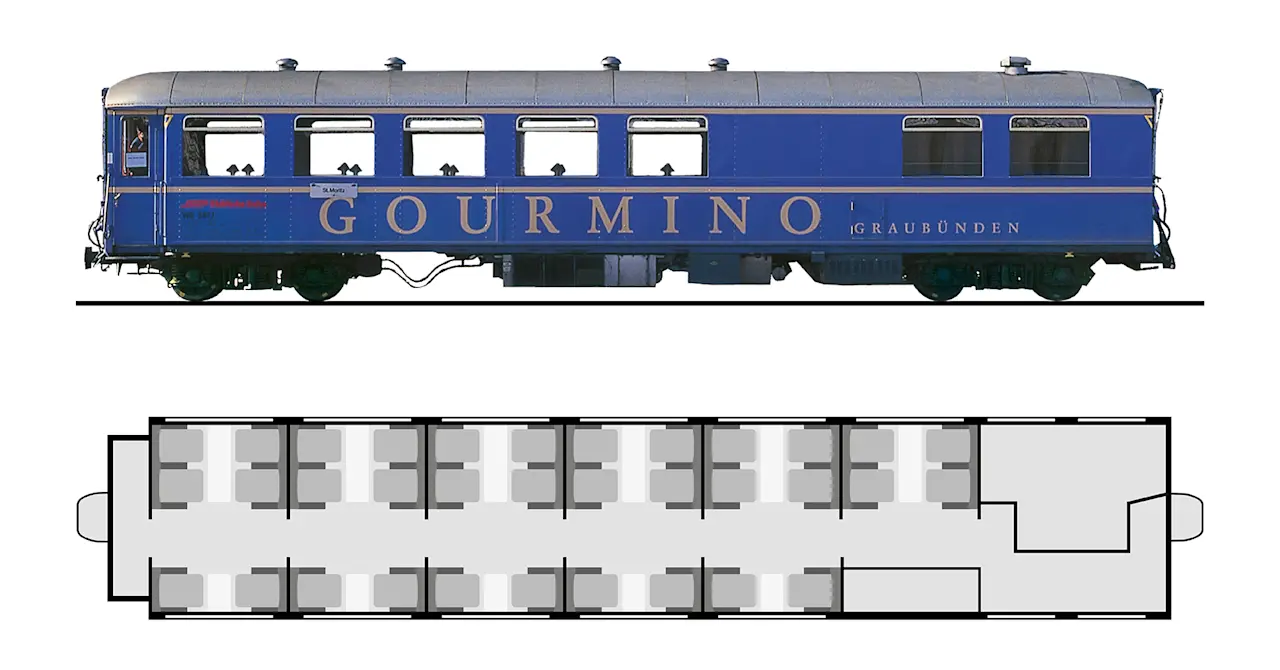 Side elevation and floor plan of the blue Gourmino dining carriage