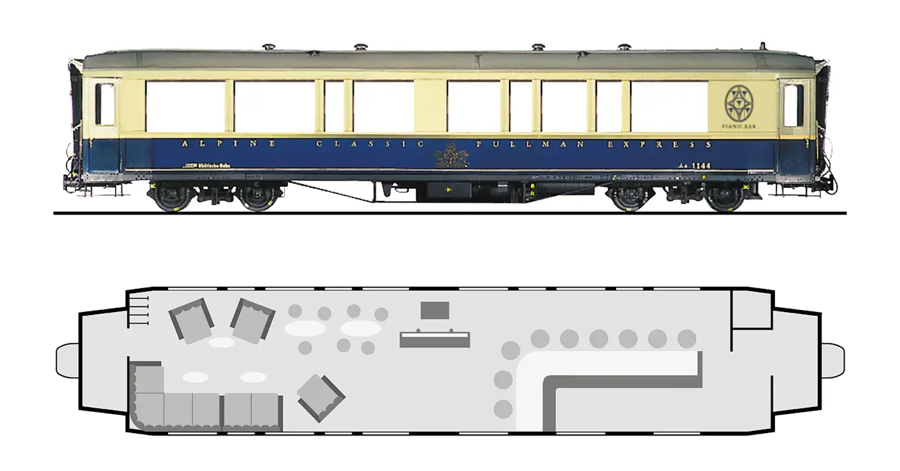Side elevation and floor plan of the Alpine Classic Pullman Express Piano Bar carriage
